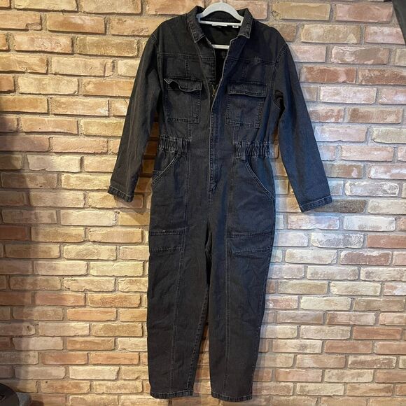 Universal Thread Womens Long Sleeve Denim Jumpsuit Washed Black 12 Coverall - Picture 1 of 16